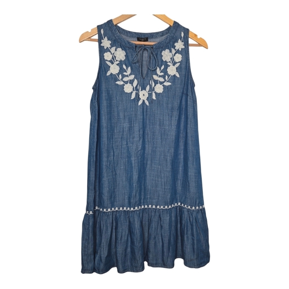 Talbots Womens Blue Chambray Embroidered Drop Waist Dress Size P XS